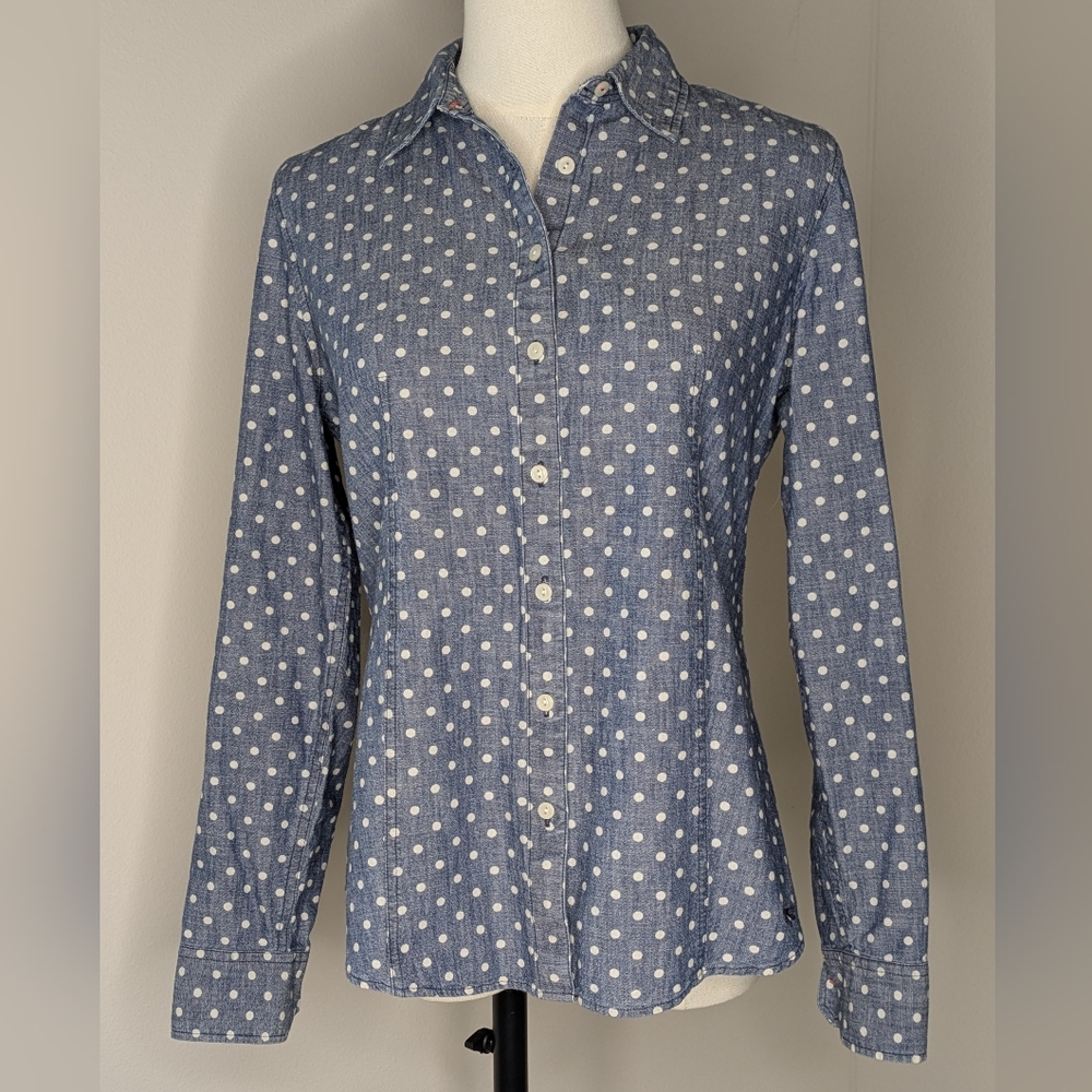 Talbots Denim White Polka Dot Button Down Shirt Preppy Fall On Trend Size 6